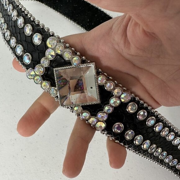 Nocona Black Leather Belt Crystal Rhinestone Aurora Borealis M/L - Picture 11 of 15